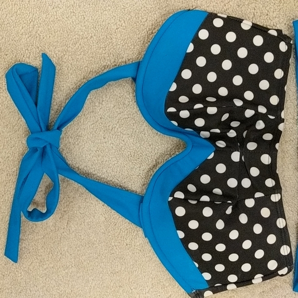 Vintage Swimsuit Two-Piece High-Waisted Black Blue Polkadot - Picture 2 of 6